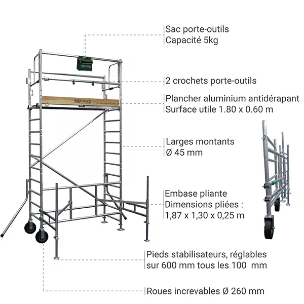 Echafaudage de jardin à pieds télescopiques - 3.25m haut. travail max