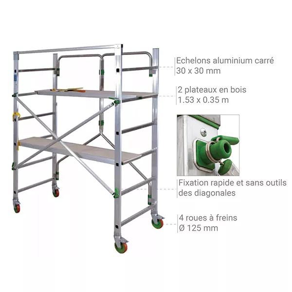 Echafaudage roulant 2 plateaux - Embase pliante - Hauteur de travail max. 2.87m