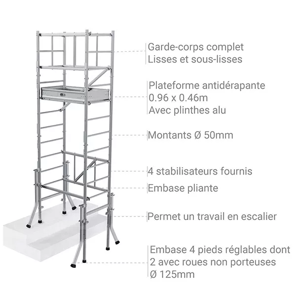 Echafaudage d'escalier 1 plateau - Longueur 0.96m - Hauteur de travail max. 5.37m