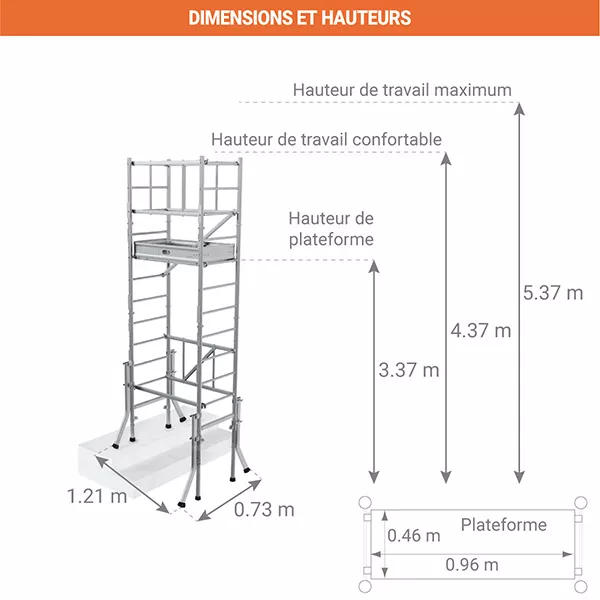 Echafaudage d'escalier 1 plateau - Longueur 0.96m - Hauteur de travail max. 5.37m
