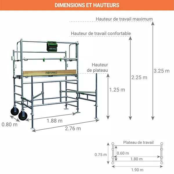 Echafaudage de jardin à pieds télescopiques - 3.25m haut. travail max