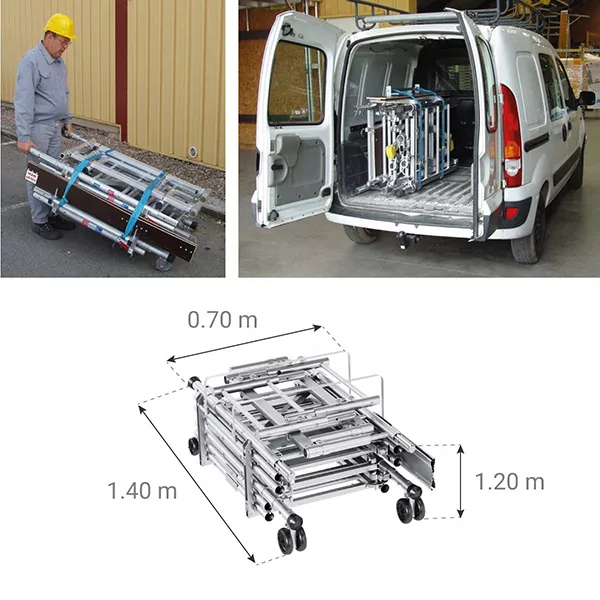 Echafaudage roulant 2 plateaux - Longueur 0.96m - Hauteur de travail max. 7.10m