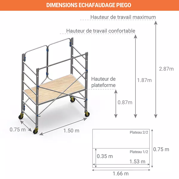 Echafaudage roulant 2 plateaux - Embase pliante - Hauteur de travail max. 2.87m